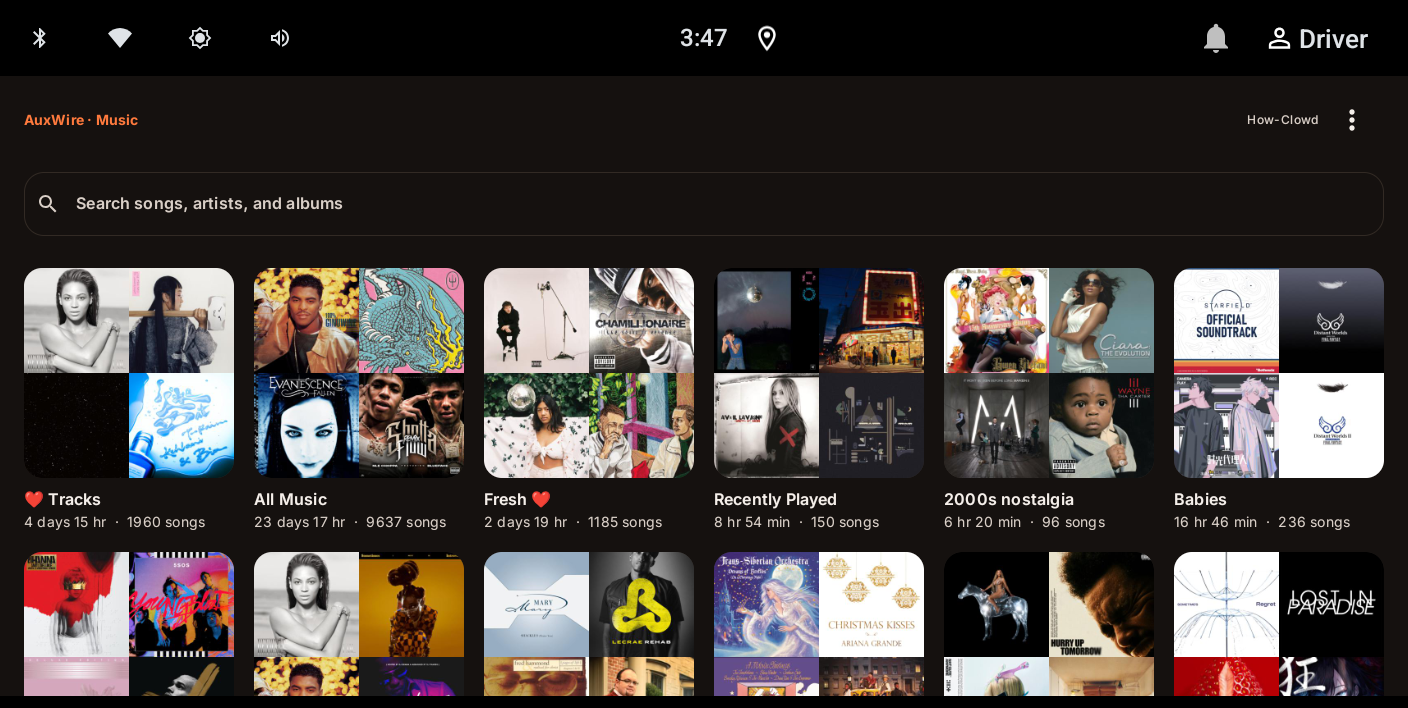 AuxWire's playlist browsing screen showing a grid of Plex playlists